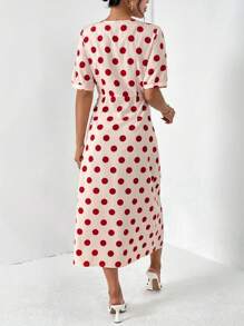 SHEIN Privé 波點圖案前扭結洋裝 - 紅白色 - 查看 2