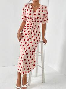 SHEIN Privé 波點圖案前扭結洋裝 - 紅白色 - 查看 4