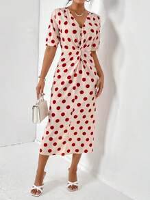 SHEIN Privé 波點圖案前扭結洋裝 - 紅白色 - 查看 5