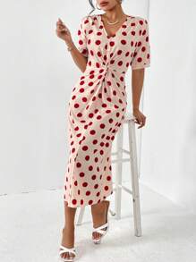SHEIN Privé 波點圖案前扭結洋裝 - 紅白色 - 查看 6