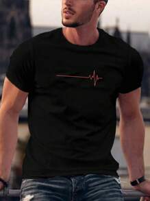 Manfinity Homme Camisetas de hombre con cuello redondo ajustadas, manga corta, gráficos y estampados casuales y simples para verano de poliéster - Negro - Ver 1