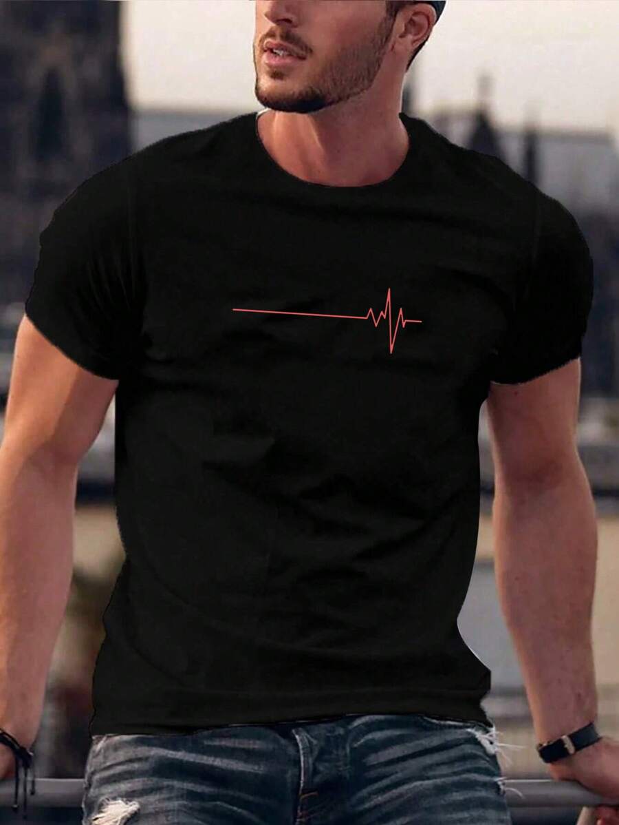 Manfinity Homme Camisetas de hombre con cuello redondo ajustadas, manga corta, gráficos y estampados casuales y simples para verano de poliéster - Negro - Ver 1