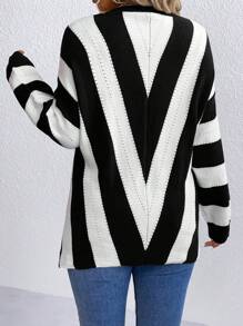 Easura Plus Colourblock Drop Shoulder Pointelle Knit Jumper - Black and White - View 2