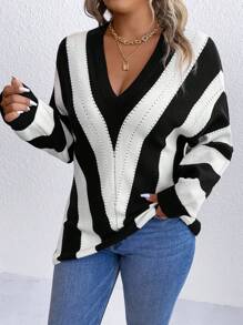Easura Plus Colourblock Drop Shoulder Pointelle Knit Jumper - Black and White - View 3