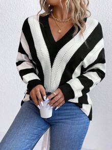 Easura Plus Colourblock Drop Shoulder Pointelle Knit Jumper - Black and White - View 6