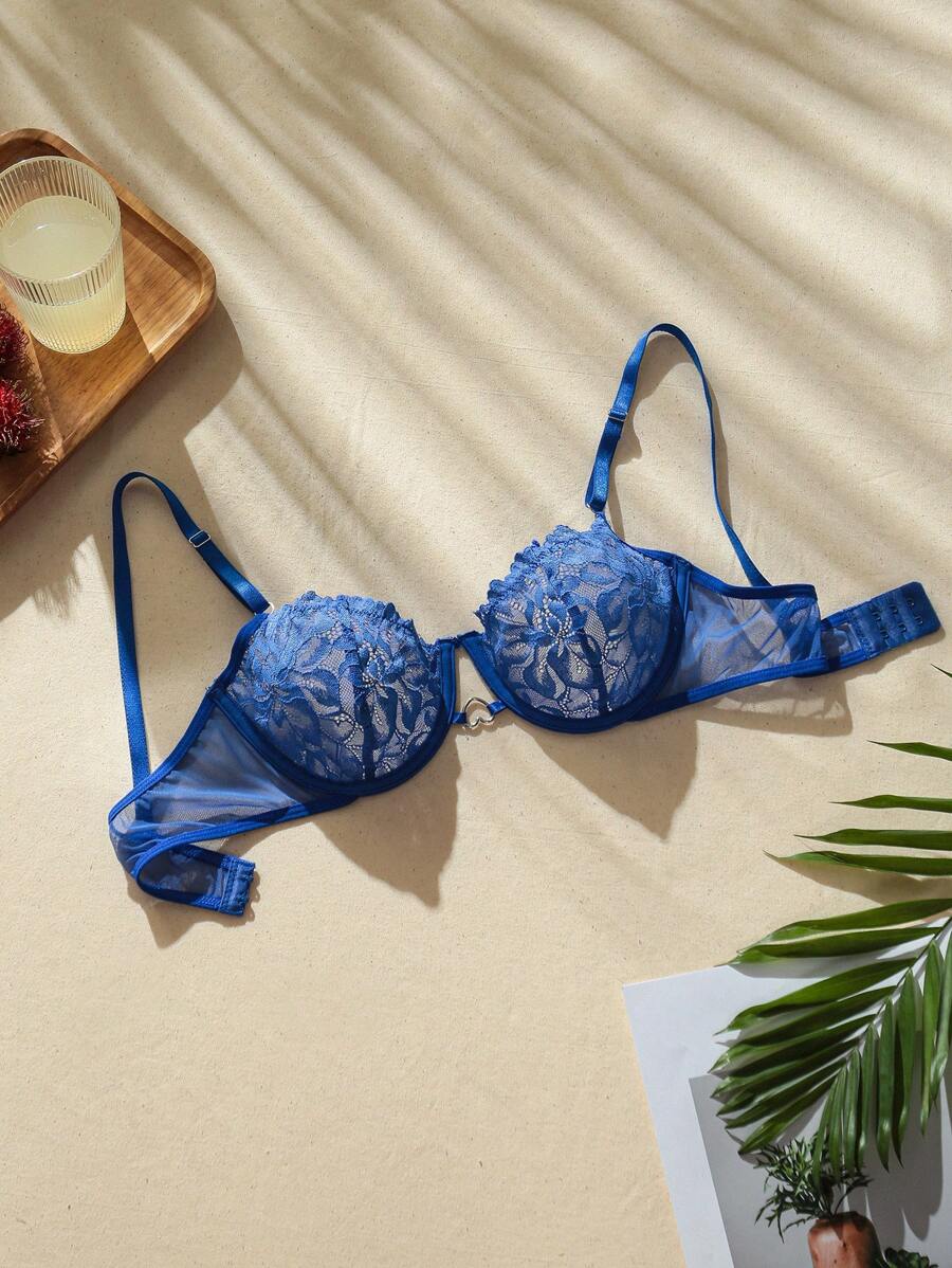 حمالة صدر سكسي مع تطريز تباين' - أزرق بحري - مشاهدة 1
