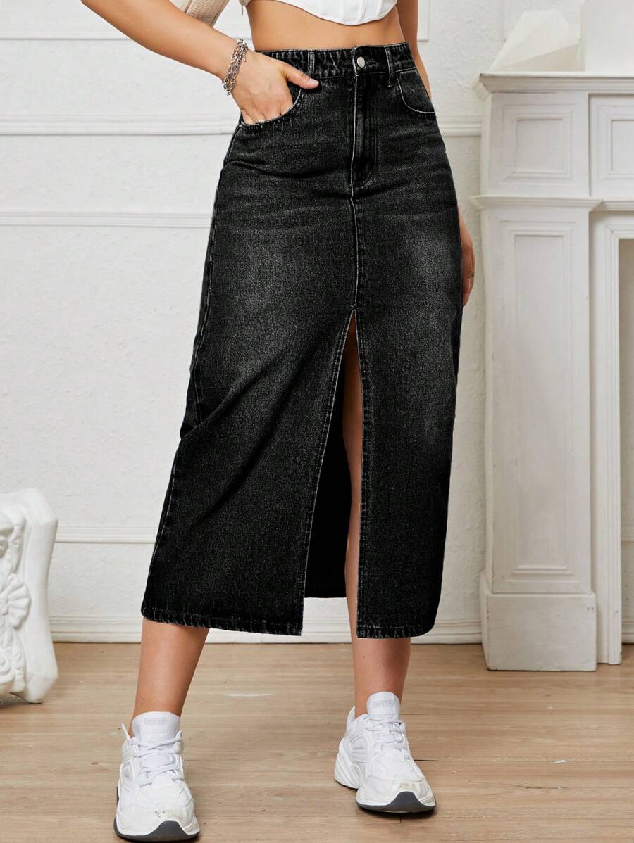 高腰高衩牛仔半身裙 - 黑色 - 查看 1