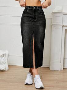 高腰高衩牛仔半身裙 - 黑色 - 查看 3