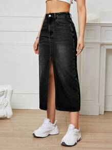 高腰高衩牛仔半身裙 - 黑色 - 查看 4