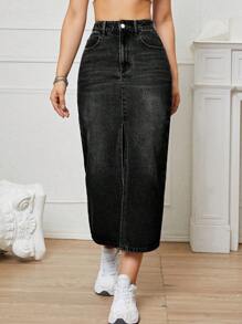 高腰高衩牛仔半身裙 - 黑色 - 查看 5