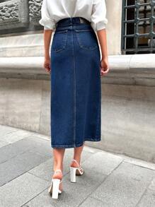 Cottnline High Waist Split Hem Denim Skirt - Dark Wash - View 2
