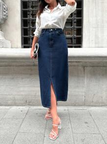 Cottnline High Waist Split Hem Denim Skirt - Dark Wash - View 3