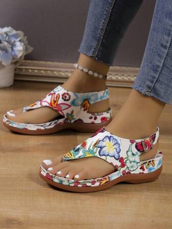 Women's Platform Wedge Flip Flops With Buckle, Random Color