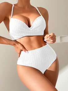 màu trơn Push-Up Eo cao Bộ đồ bơi Bikini - trắng - Xem 1