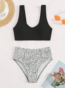 斑點印花高腰比基尼泳裝 - 黑色 - 查看 1