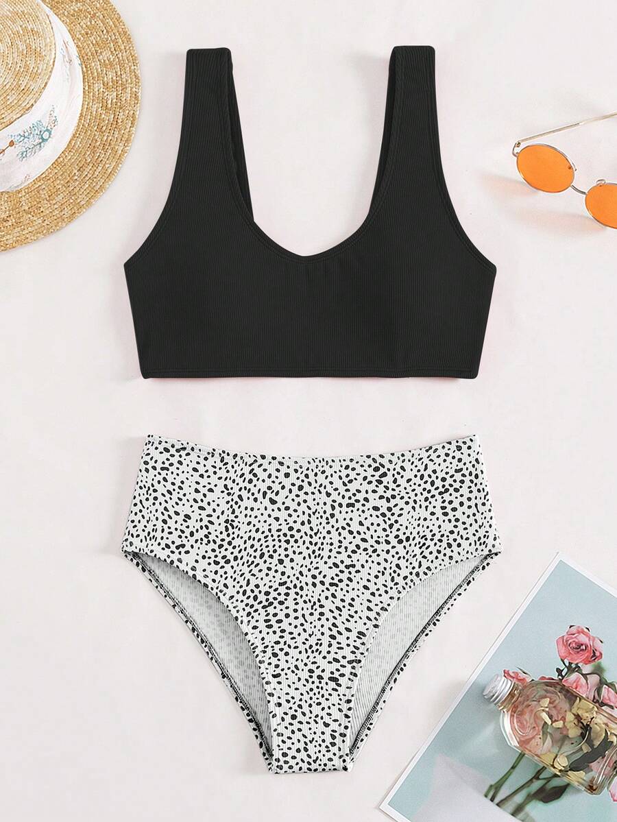 斑點印花高腰比基尼泳裝 - 黑色 - 查看 1