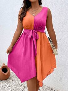 Calvaya Plus Two Tone Asymmetrical Hem Belted Dress - Multicolor - View 4