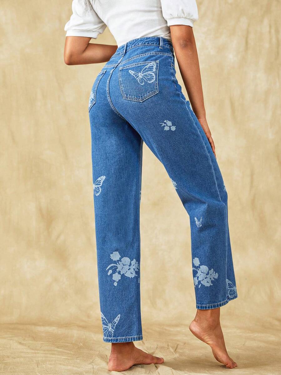 SHEIN Frenchy 蝴蝶圖案直筒牛仔褲 - 中等水洗藍 - 查看 1