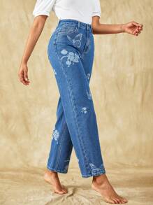 SHEIN Frenchy 蝴蝶圖案直筒牛仔褲 - 中等水洗藍 - 查看 3