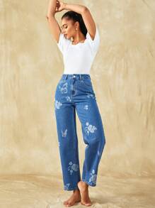 SHEIN Frenchy 蝴蝶圖案直筒牛仔褲 - 中等水洗藍 - 查看 4