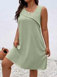 Calvaya 大碼休閒不對稱純色連衣裙 - 綠色 - 查看 3