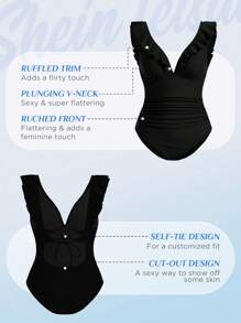 SHEIN Swim Summer Beach Ruched Ruffle Trim One Piece Swimsuit - Black - View 3