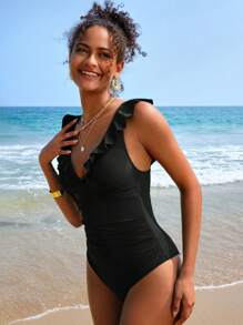 SHEIN Swim Summer Beach Ruched Ruffle Trim One Piece Swimsuit - Black - View 5
