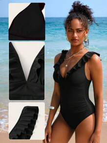 SHEIN Swim Summer Beach Ruched Ruffle Trim One Piece Swimsuit - Black - View 7