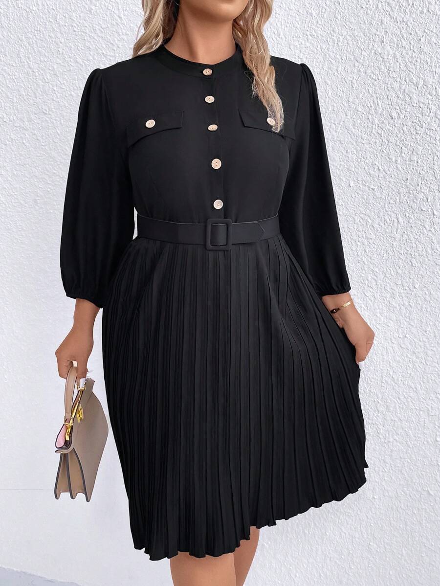 Calvaya Plus Flap Detail Pleated Hem Belted Dress - Black - View 1