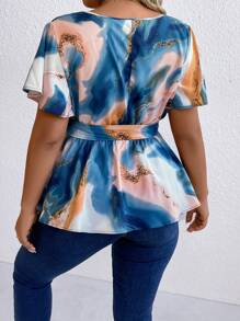 SHEIN Unity Plus Marble Print Butterfly Sleeve Belted Blouse Peplum Top - Multicolor - View 2