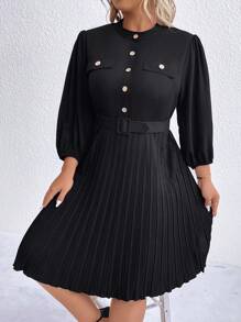 Calvaya Plus Flap Detail Pleated Hem Belted Dress - Black - View 4