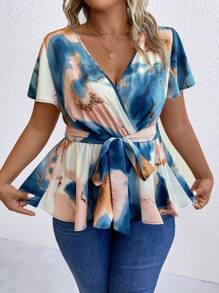 SHEIN Unity Plus Marble Print Butterfly Sleeve Belted Blouse Peplum Top - Multicolor - View 4