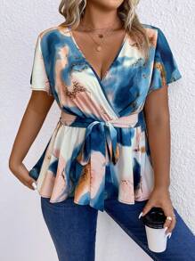 SHEIN Unity Plus Marble Print Butterfly Sleeve Belted Blouse Peplum Top - Multicolor - View 5