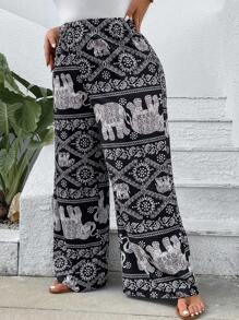 SHEIN VCAY Pantalones rectos de verano con estampado total de talla grande