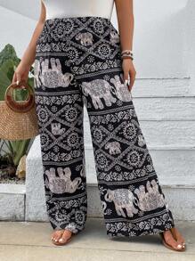 SHEIN VCAY Pantalones rectos de verano con estampado total de talla grande