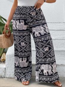 SHEIN VCAY Pantalones rectos de verano con estampado total de talla grande