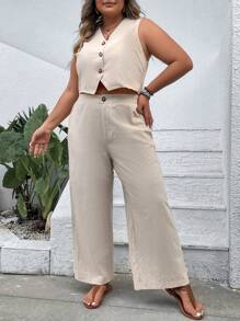 SHEIN VCAY Plus Button Front Vest Jacket & Wide Leg Pants - Apricot - View 4