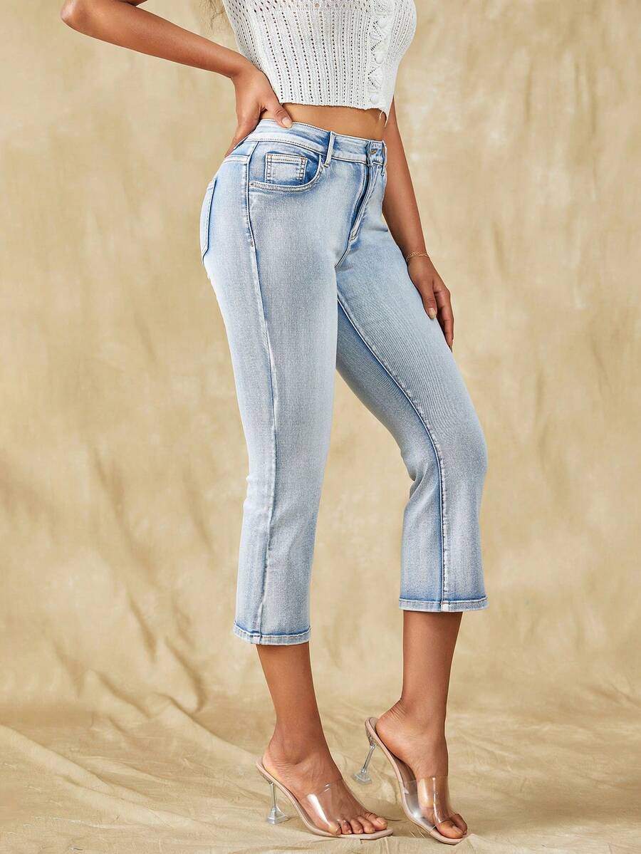 SHEIN Frenchy High Waist Capri Jeans - Light Wash - View 1