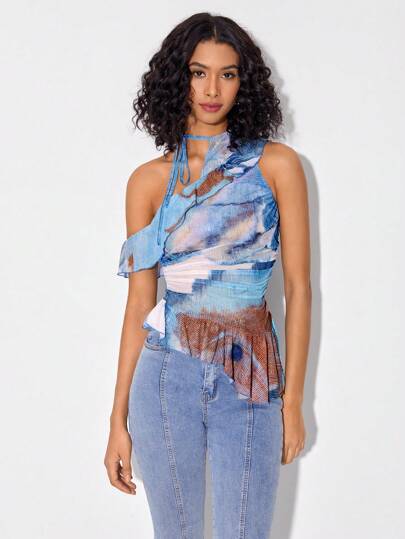 EN Designer Boho Bohemian Tie Dye Asymmetrical Neck Ruffle Trim Mesh Top, For Summer, For Holiday, Vacation, Going Out, Festival, Ibiza Fits