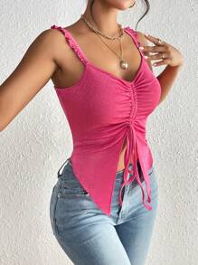 SHEIN Privé Drawstring Front Frill Trim Split Hem Top - Hot Pink - View 3