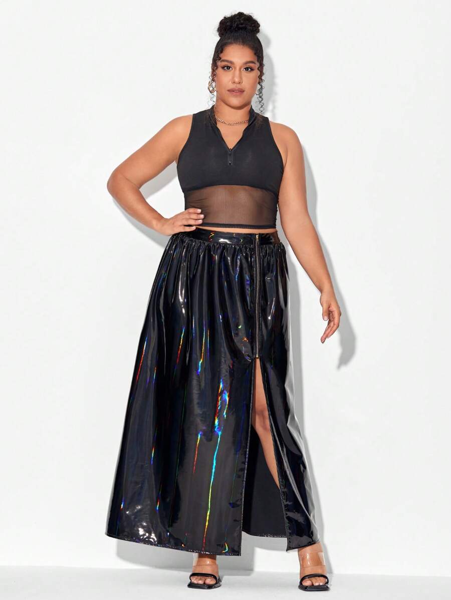 PaintbyShawnDenise Hơn Ảnh ba chiều Tách đùi chất liệu da PU Váy - màu đen - Xem 1