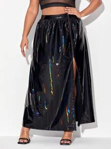 PaintbyShawnDenise Hơn Ảnh ba chiều Tách đùi chất liệu da PU Váy - màu đen - Xem 4