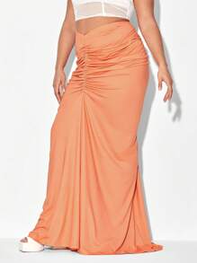 Diva Kurves 大碼前收褶魚尾裙下擺超長半身裙 - 珊瑚橙 - 查看 4