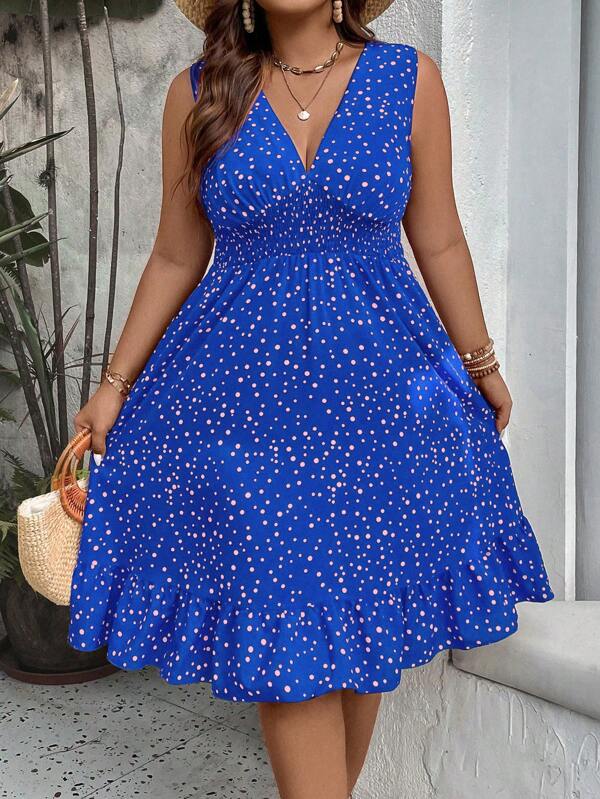 Breezaya Plus Polka Dot Print Ruffle Hem Summer Boho Dress Women Outfit