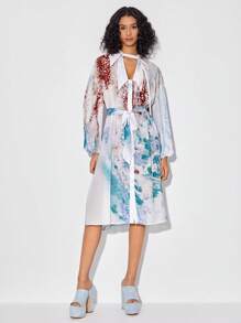 EN 紮染鎖眼領燈籠袖繫腰帶連衣裙 - 彩色 - 查看 1