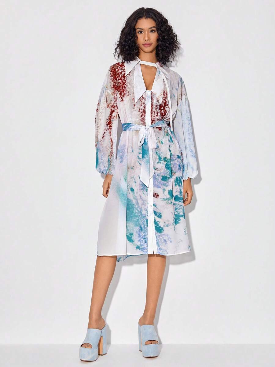 EN 紮染鎖眼領燈籠袖繫腰帶連衣裙 - 彩色 - 查看 1