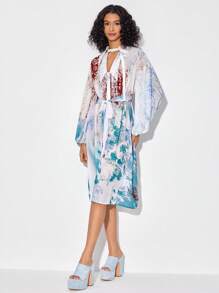 EN 紮染鎖眼領燈籠袖繫腰帶連衣裙 - 彩色 - 查看 3