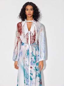 EN 紮染鎖眼領燈籠袖繫腰帶連衣裙 - 彩色 - 查看 4