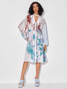 EN 紮染鎖眼領燈籠袖繫腰帶連衣裙 - 彩色 - 查看 6