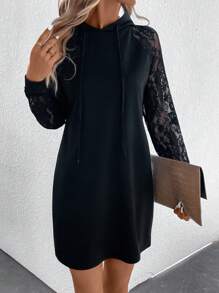 SHEIN LUNE Contrast Lace Raglan Sleeve Drawstring Hoodie Dress - Black - View 3